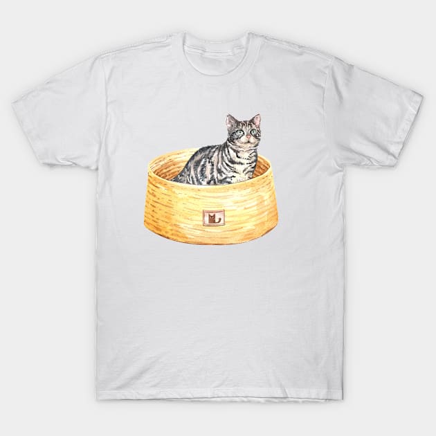 Funny Watercolor American Shorthair Cat Sitting Inside His Bed T-Shirt by labatchino